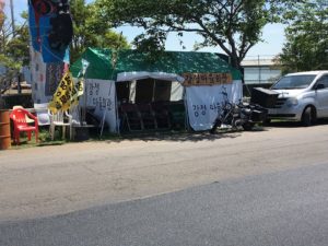 Gangjeong Village moved its City Hall to a tent across from the Navy base in protest. (Photo by Ann Wright)