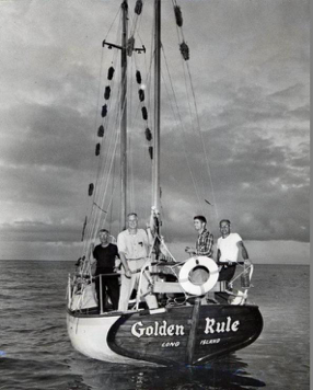 1958 Golden Rule crew: William Huntington, Captain Albert Bigelow, Orion Sherwood and George Willough. (Swathmore Peace collection)